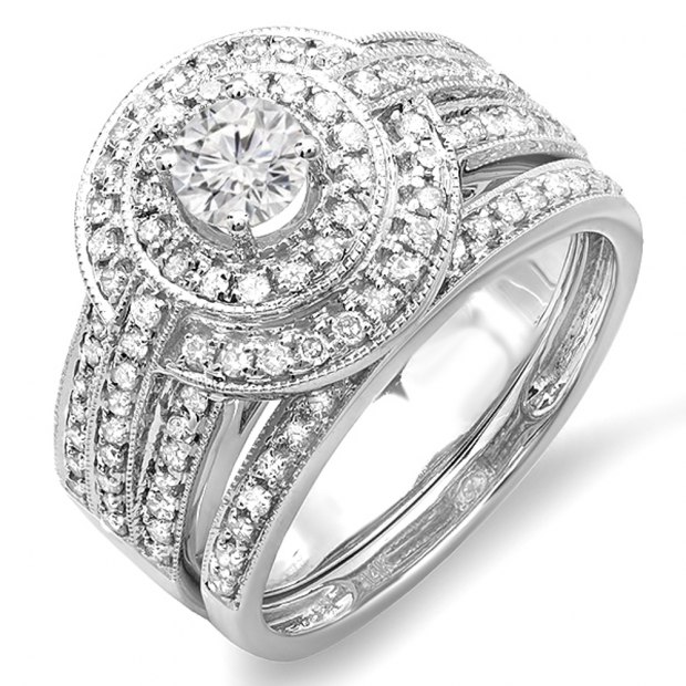 1.10 Carat (ctw) 14K White Gold Real Round Diamond Engagement Bridal Ring Set with Matching Band