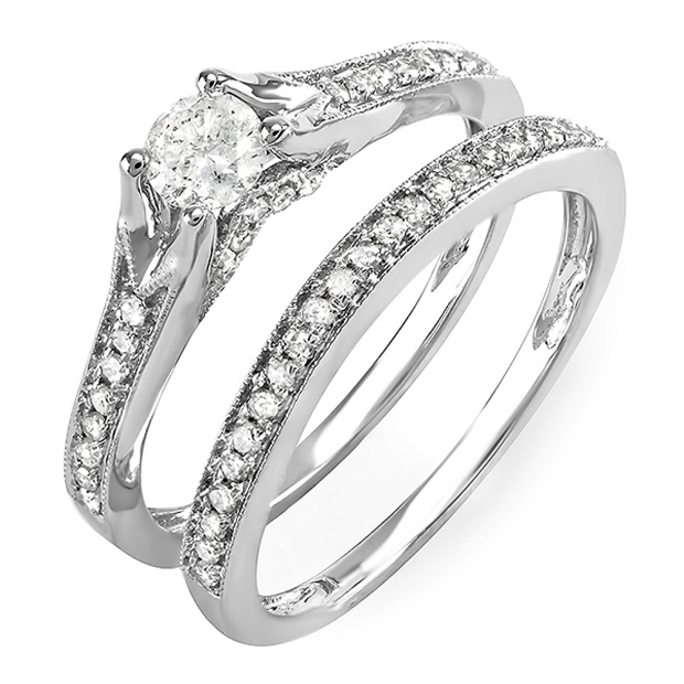 0.90 Carat (ctw) 14k White Gold Round Diamond Ladies Bridal Split Shank Engagement Ring Matching Band Set