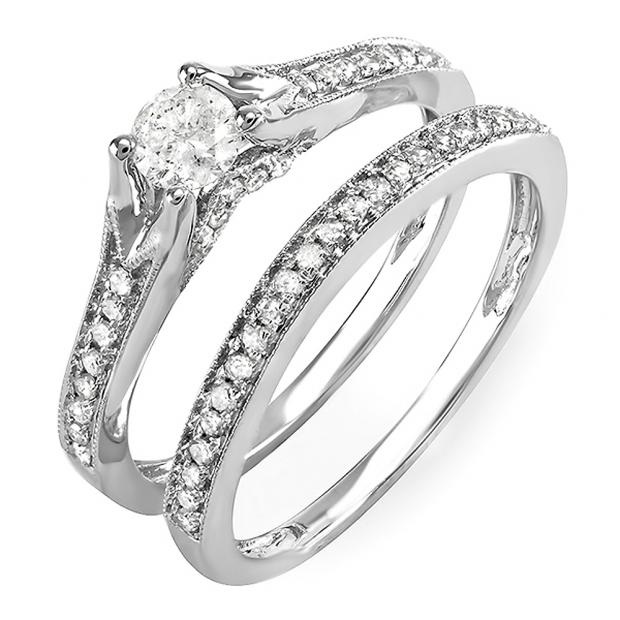 0.60 Carat (ctw) 14k White Gold Round Diamond Ladies Bridal Split Shank Engagement Ring Matching Band Set