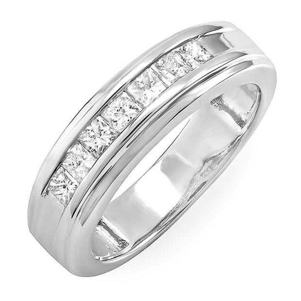 0.90 Carat (ctw) 14k White Gold Princess Diamond Mens Wedding Anniversary Band Ring