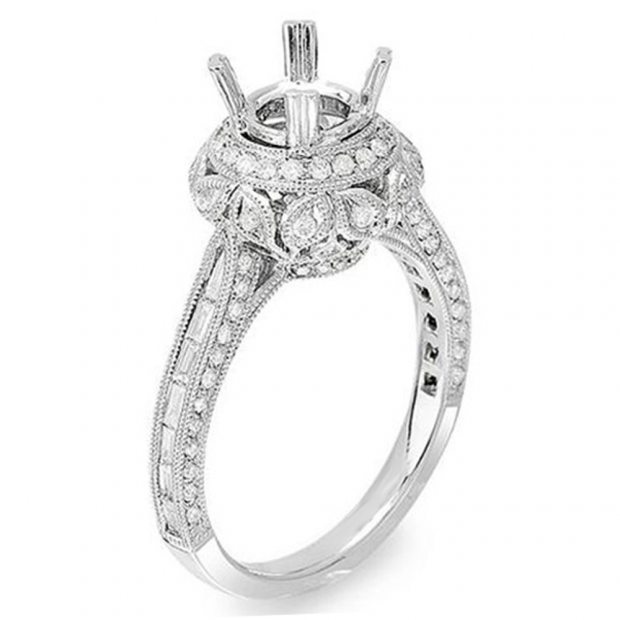 1.15 Carat (Ctw) 14k White Gold Brilliant Round & Baguette Cut Diamond Vintage Antique Look Semi Mount Ladies Engagement Bridal Ring (No Center Stone)