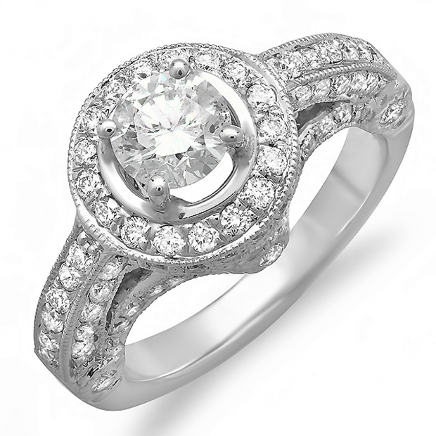 1.83 Carat (ctw) 14k White Gold Round Diamond Ladies Bridal Engagement Vintage Halo Ring Center 0.64 ct
