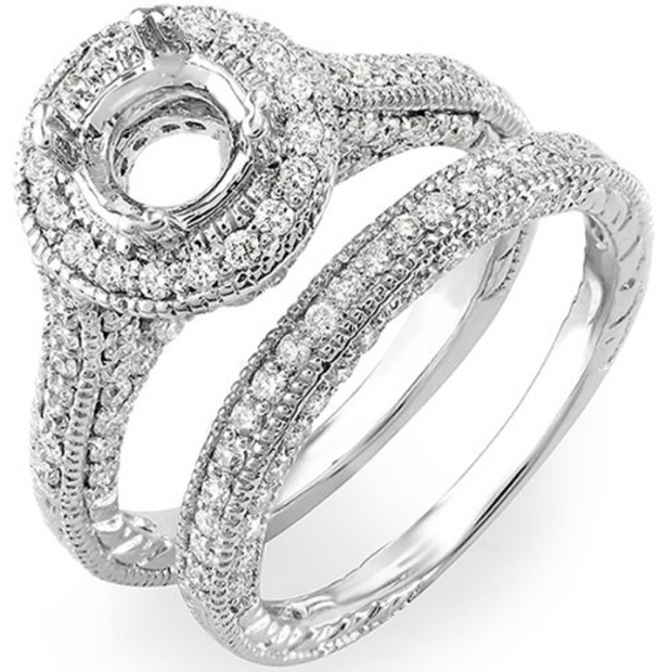1.00 Carat (ctw) 14K White Gold Brilliant Round Cut Diamond Antique Vintage look Semi Mount Ladies Bridal Engagement Ring Set (No Center Stone)