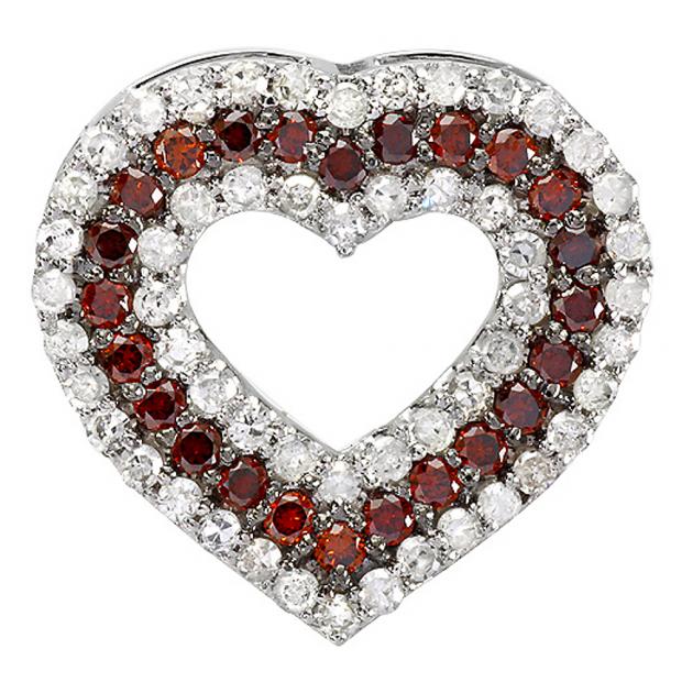 0.95 Carat (ctw) Round Red & White Diamond Ladies Layered Open Heart Pendant 1 CT 10K White Gold