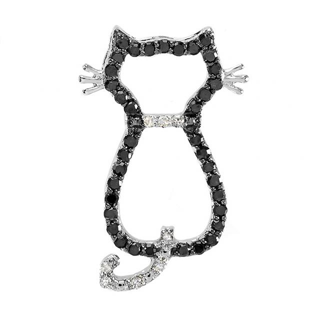 0.33 Carat (ctw) Sterling Silver Round Black & White Diamond Cat Pendant 1/3 CT