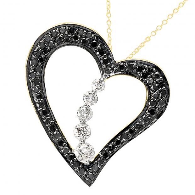 0.60 Carat (ctw) Round Black & White Diamond Ladies Heart Pendant 10K Yellow Gold