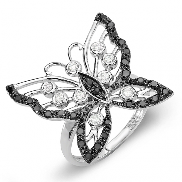 0.70 Carat (ctw) White Gold Round Black White Diamond Butterfly Cocktail Right Hand Ring 3/4 CT