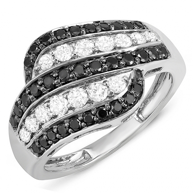 1.05 Carat (ctw) 14k White Gold Black & White Round Diamond Ladies Cocktail Right Hand 1 CT