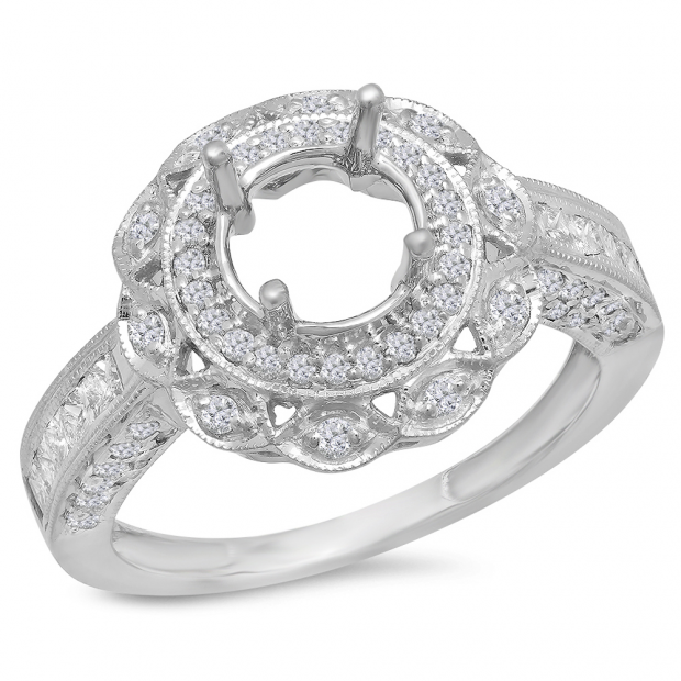 1.00 Carat (ctw) 14k White Gold Round Diamond Semi Mount Round Diamond For Center Engagement Ring (No Center Stone)