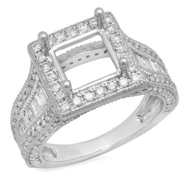 1.85 Carat (ctw) 18K White Gold Round Diamond Semi Mount Round & Baguette Cut Diamond Princess Cut Stone For Center Engagement Ring (No Center Stone)