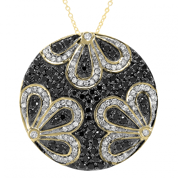 1.15 Carat (ctw) Round Black & White Diamond Ladies Flower Petals Circle Pendant | 18K Yellow Gold