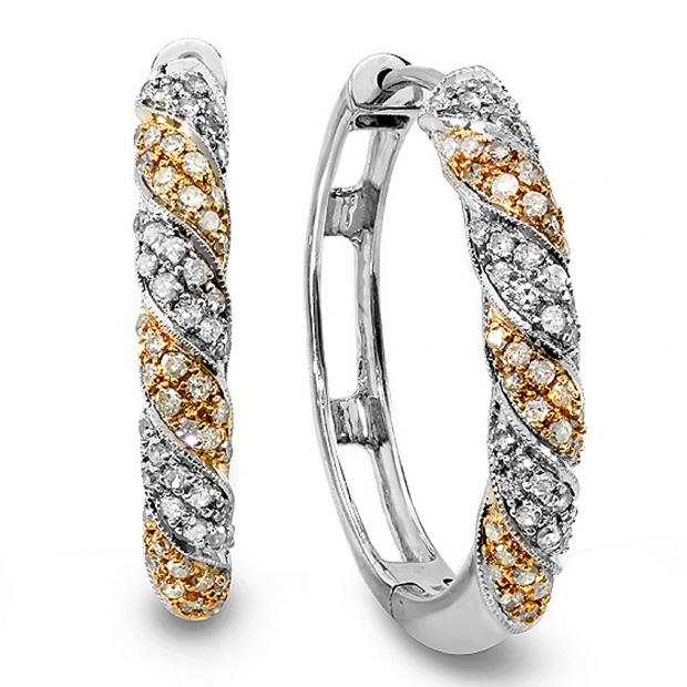 1.10 Carat (ctw) 14k Two Tone Gold Round Diamond Ladies Hoop Earrings
