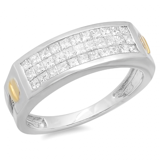 1.15 Carat (ctw) 14k White Gold Brilliant Princess Diamond Invisible Mens Ring