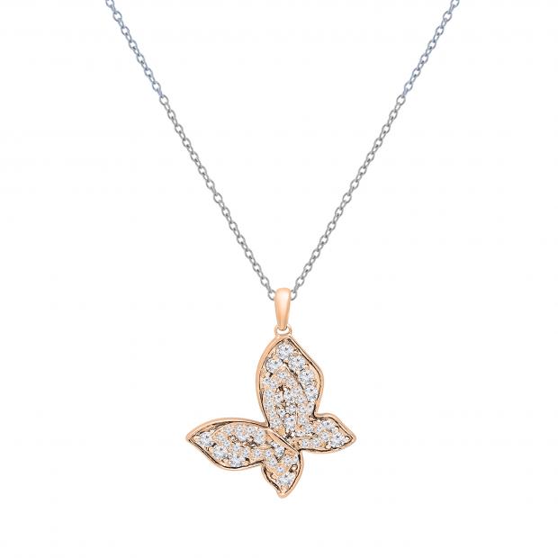 Round White Diamond Butterfly Shaped Pendant for Women with 18 Inch Silver Chain (0.95 ctw, Color I-J, Clarity I1-I2) in 18K Rose Gold