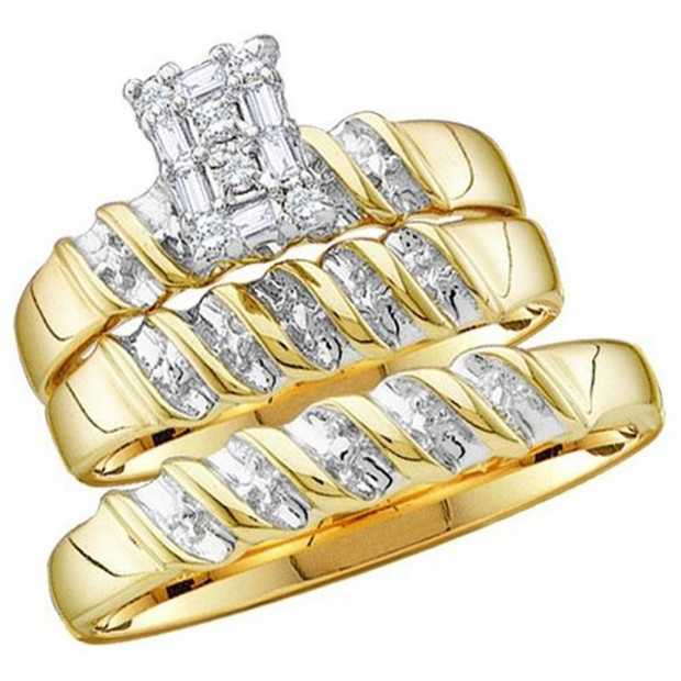 0.05 Carat (ctw) 14k Yellow Gold Round Diamond Men & Ladies Trio Set