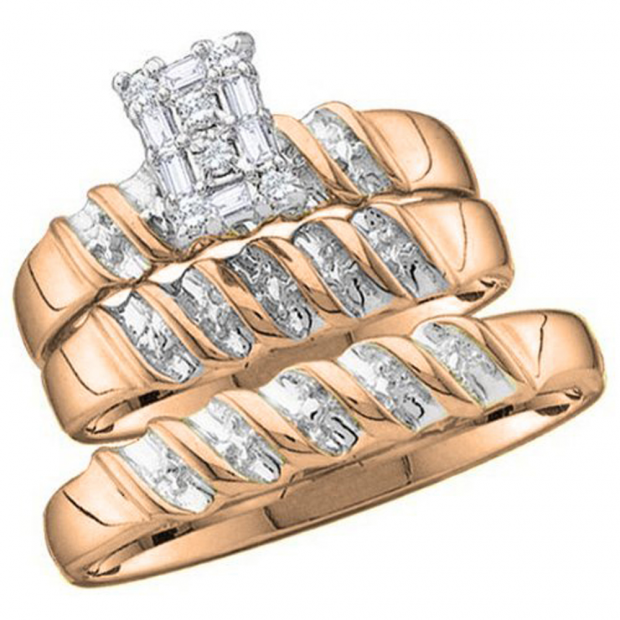 0.05 Carat (ctw) 10K Rose Gold Round Diamond Men & Ladies Trio Set