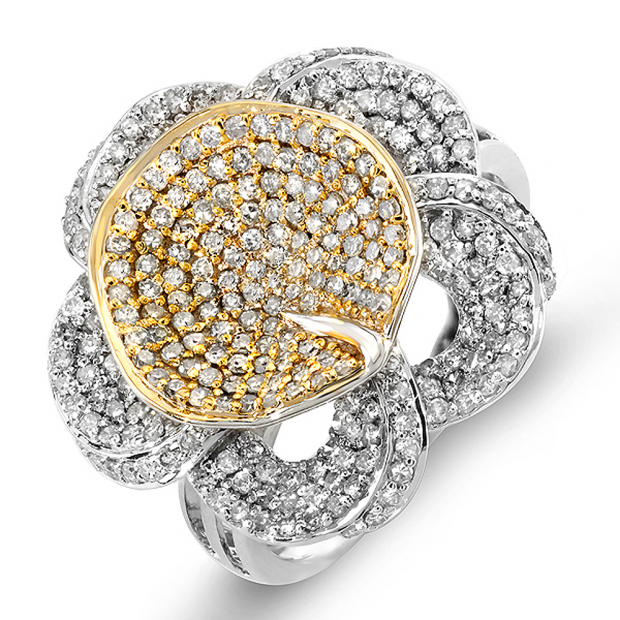 1.25 Carat (ctw) 14k White & Yellow Gold Round Diamond Ladies Flower Cocktail Right Hand 1 1/4 CT