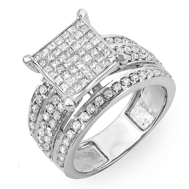 1.50 Carat (ctw) 14k White Gold Princess & Round Invisible Set Diamond Ladies Cocktail Engagement Bridal Ring 1 1/2 CT