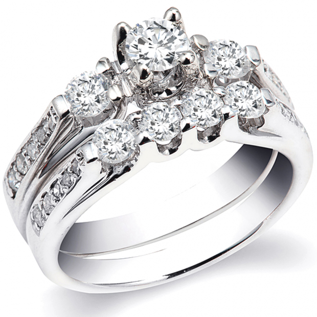1.40 Carat (ctw) 14k White Gold Round Diamond Ladies Bridal Engagement Ring Set
