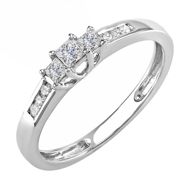IGI CERTIFIED 0.33 Carat (ctw) 14K White Gold Round & Princess Diamond Ladies 3 Stone Engagement Bridal Ring 1/3 CT