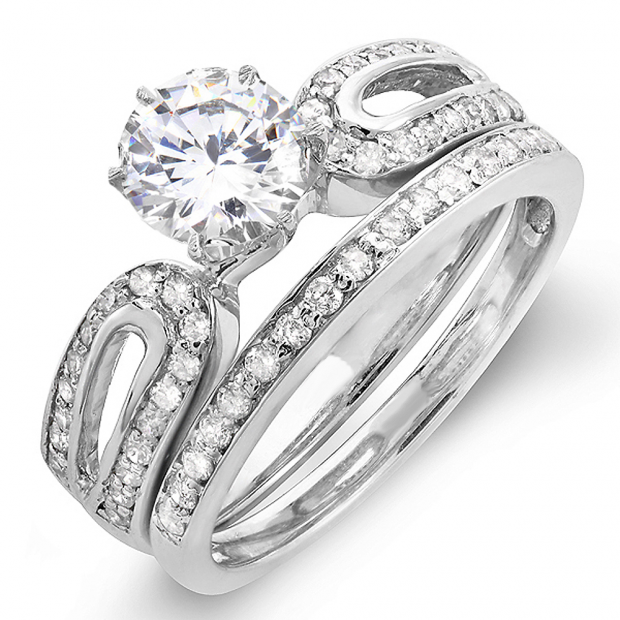 1.00 Carat (ctw) 14k White Gold Round Diamond Ladies Bridal Engagement Ring Set with Matching Band