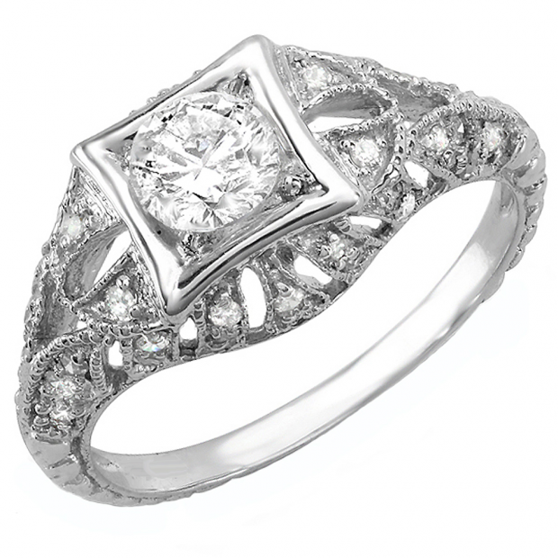 0.33 Carat (Ctw) 14k White Gold Round White Diamond Semi-mount Engagement Antique Ring 1/3 CT (No Center Stone)
