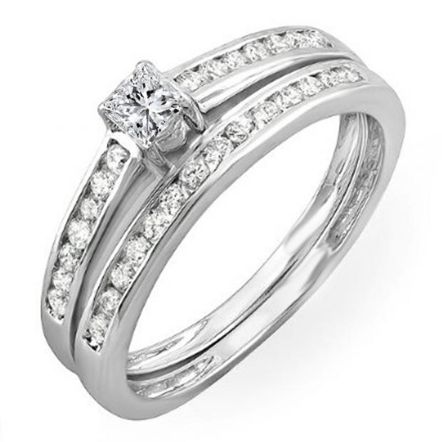 CERTIFIED 0.60 Carat (ctw) 10k White Gold Brilliant Round & Princess Diamond Ladies Bridal Engagement Ring Set