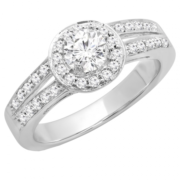 0.85 Carat (ctw) 14K White Gold Round White Diamond Engagement Halo Style Split Shank Ring Center included