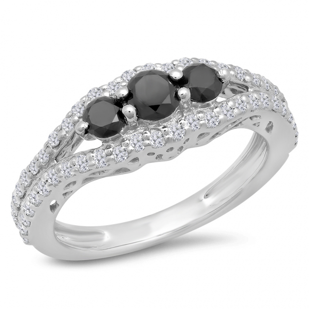 1.25 Carat (ctw) Sterling Silver Round Black & White Diamond Ladies 3 stone Engagement Bridal Ring 1 1/4 CT