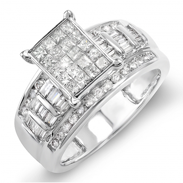 1.25 Carat (ctw) 14k White Gold Ladies Princess Baguette & Round Diamond Engagement Bridal Ring Invisible Set 1 1/4 CT
