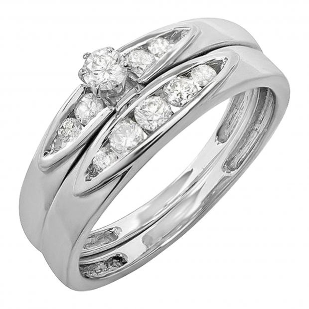 0.50 Carat (ctw) Sterling Silver Round White Diamond Engagement Bridal Ring Set Matching Anniversary Band