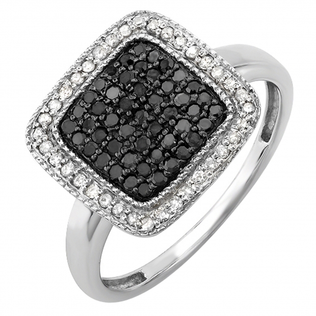 0.50 Carat (ctw) Sterling Silver Round Black & White Diamond Ladies Cocktail Right Hand 1/2 CT