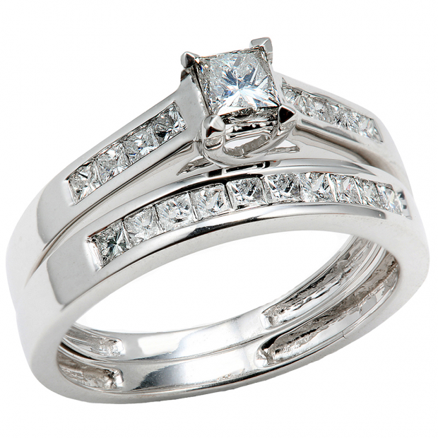 0.75 Carat (ctw) 14k White Gold Princess Diamond Ladies Bridal Engagement Ring Matching Band Set