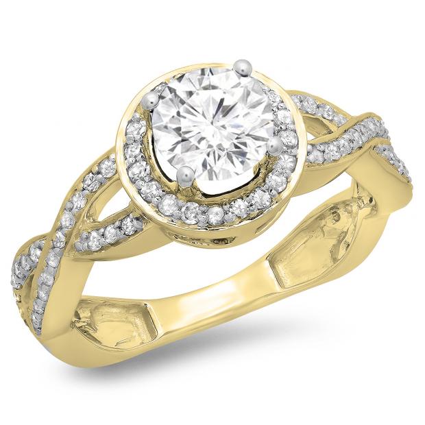 1.50 Carat (ctw) 14K Yellow Gold Round White Diamond Ladies Bridal Split Shank Halo Engagement Ring 1 1/2 CT