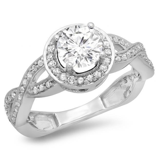1.50 Carat (ctw) 18K White Gold Round White Diamond Ladies Bridal Split Shank Halo Engagement Ring 1 1/2 CT