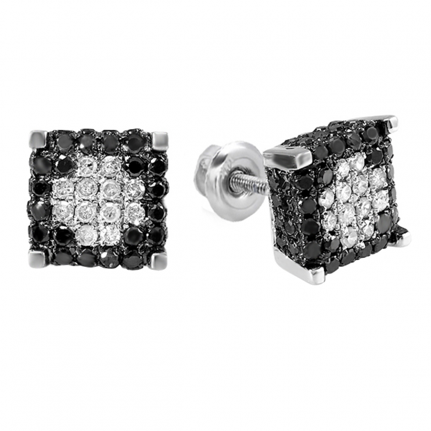 0.85 Carat (ctw) 10K White Gold Mens Ladies Unisex Round Black & White Diamond Micro Pave Ice Cube Stud Earrings