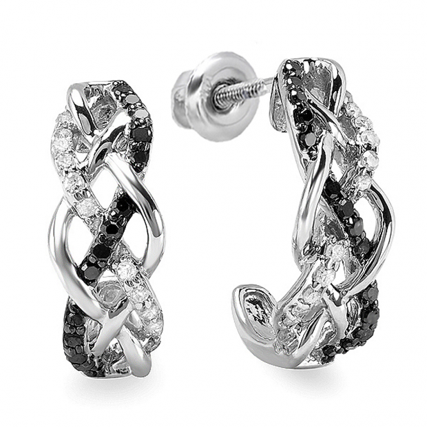 0.33 Carat (ctw) Sterling Silver Ladies Round Black & White Diamond Hoop Earrings 1/3 CT
