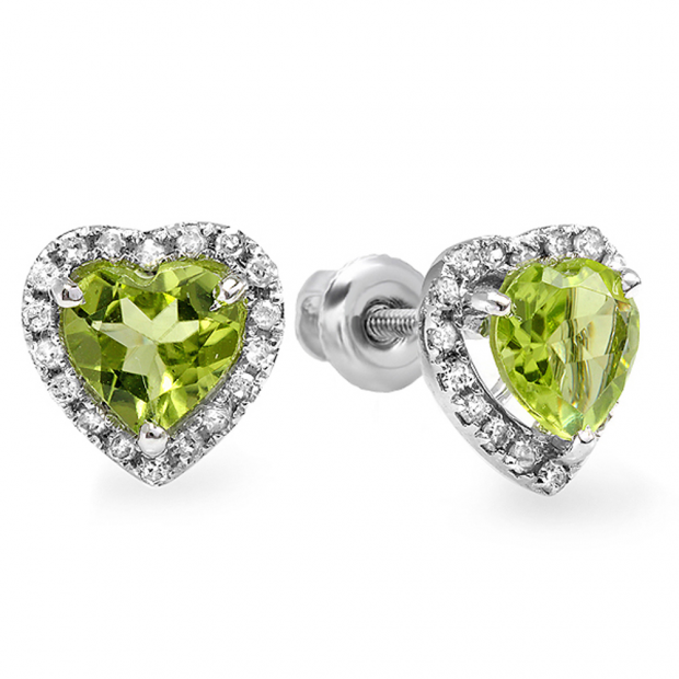 2.00 Carat (ctw) 10k White Gold Heart Shape Green Peridot Diamond Halo Stud Earrings