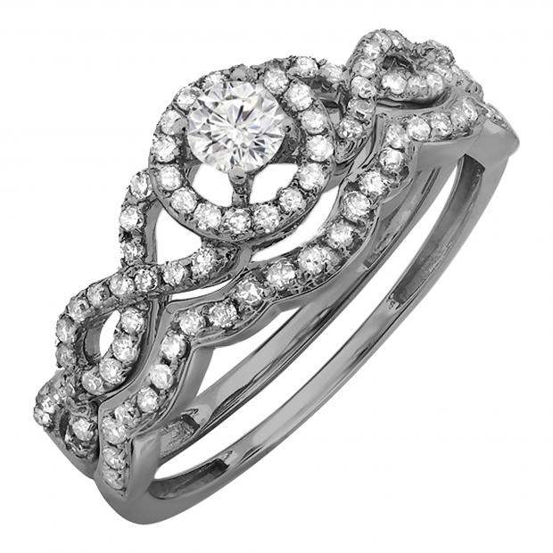 0.50 Carat (ctw) Black Rhodium Plated 18k White Gold Round Diamond Ladies Halo Style Bridal Engagement Ring Matching Band Set 1/2 CT
