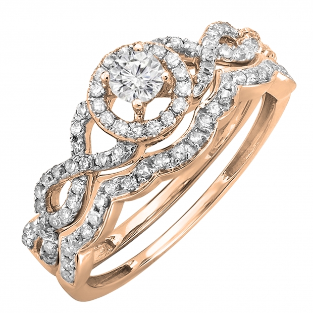 0.50 Carat (ctw) 14K Rose Gold Round Diamond Ladies Halo Style Bridal Engagement Ring Matching Band Set 1/2 CT