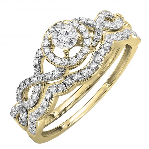 0.50 Carat (ctw) 14K Yellow Gold Round Diamond Ladies Halo Style Bridal Engagement Ring Matching Band Set 1/2 CT