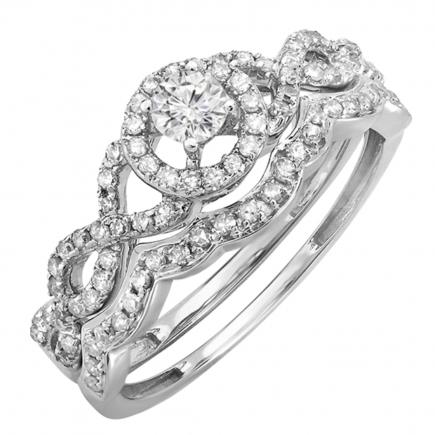 0.50 Carat (ctw) 14K White Gold Round Diamond Ladies Halo Style Bridal Engagement Ring Matching Band Set 1/2 CT
