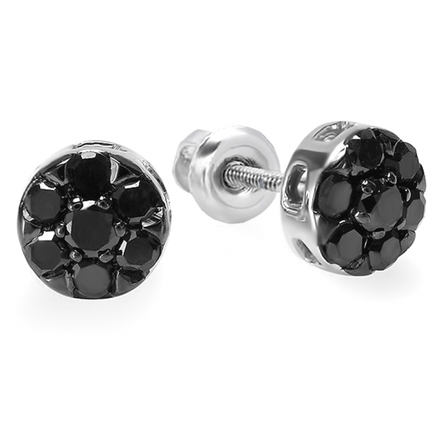 0.50 Carat (ctw) 10K White Gold Round Cut Black Diamond Round Shape Cluster Earrings Look of 1 CT Each