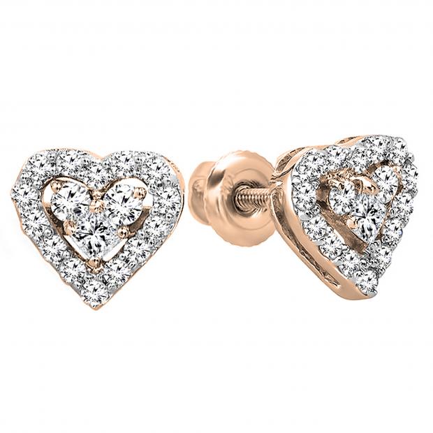 Princess & Round White Diamond Minimalistic Enamel Heart Stud Earrings for Women (0.55 ctw, Color I-J, Clarity I1-I2) in 18K Rose Gold in Screw Back