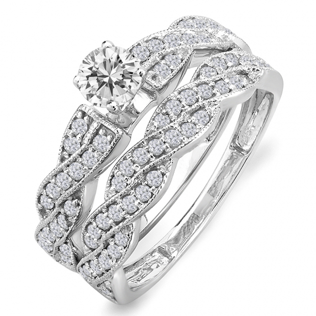 1.00 Carat (ctw) 14k White Gold Round Diamond Ladies Bridal Engagement Ring Matching Band Set