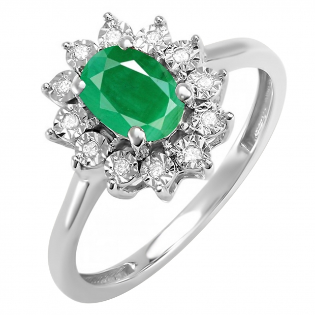 1.00 Carat (ctw) Kate Middleton Diana Replica 10K White Gold Real Round Diamond With Real Oval Green Emerald Royal Engagement Ring 1 CT