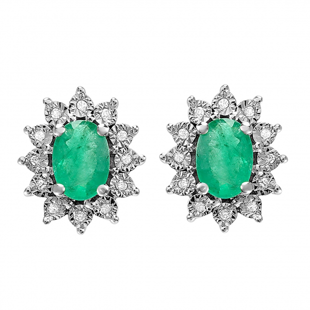 2.00 Carat (ctw) Kate Middleton Diana Replica White Gold Real Round Diamond With Real Oval Green Emerald Matching Ladies Earrings
