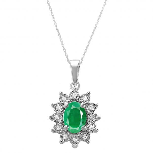 1.00 Carat (ctw) Kate Middleton Diana Replica 10K White Gold Real Round Diamond With Real Oval Green Emerald Matching Ladies Pendant