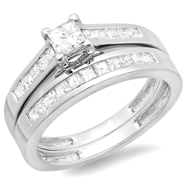 1.00 Carat (ctw) 14K White Gold Princess Diamond Ladies Bridal Engagement Ring Set Matching Band