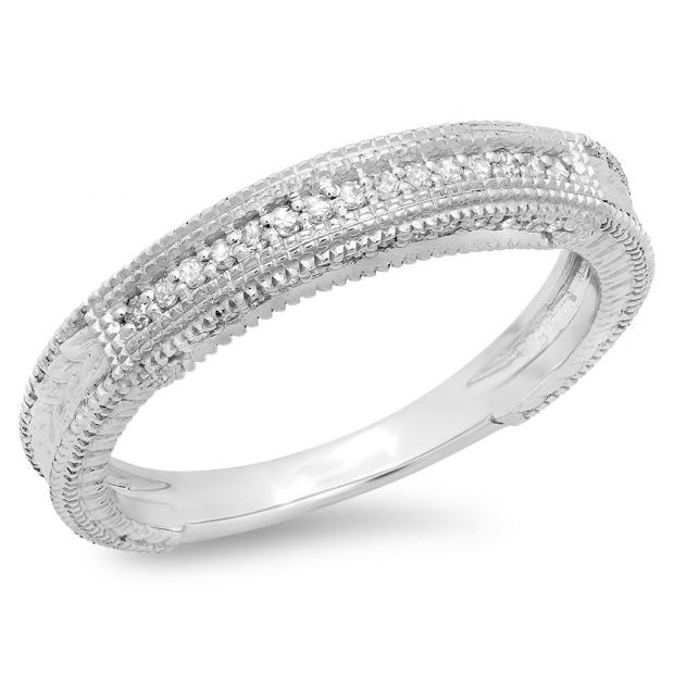 0.20 Carat (ctw) 10K White Gold Round Diamond Ladies Vintage Style Anniversary Wedding Milgrain Stackable Band 1/5 CT